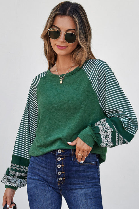 Contrast Print Striped Raglan Crew Neck Loose Long Sleeve Top